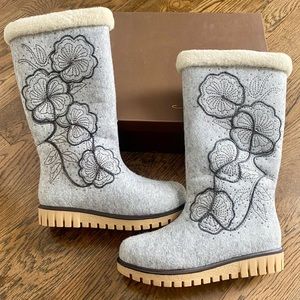 New in Box Azure Jarria Mid Calf Gray, Italian, Embroidered Wool Boots